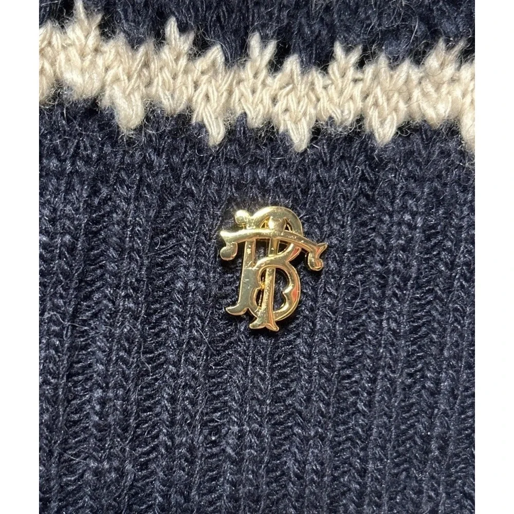 Tory Burch Wool Blend Turtleneck Sweater Navy Cream Stripe Gold TB Logo Sz Large